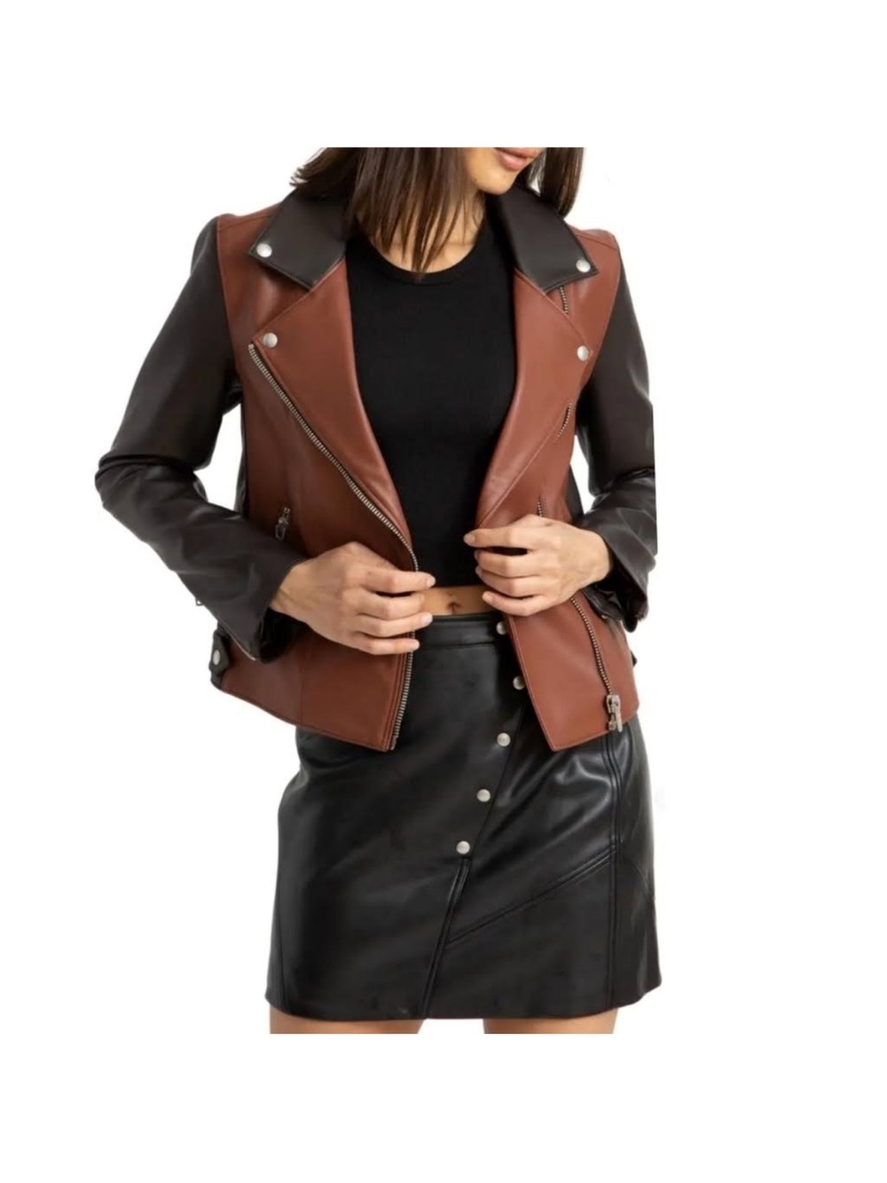 Blank NYC Two-Tone Brown and Black Faux Leather Moto Jacket